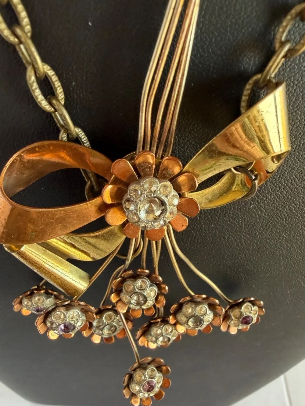 Vintage Necklace Featuring a Ribbon Bow Motif with a Dangling Bouquet of Flowers